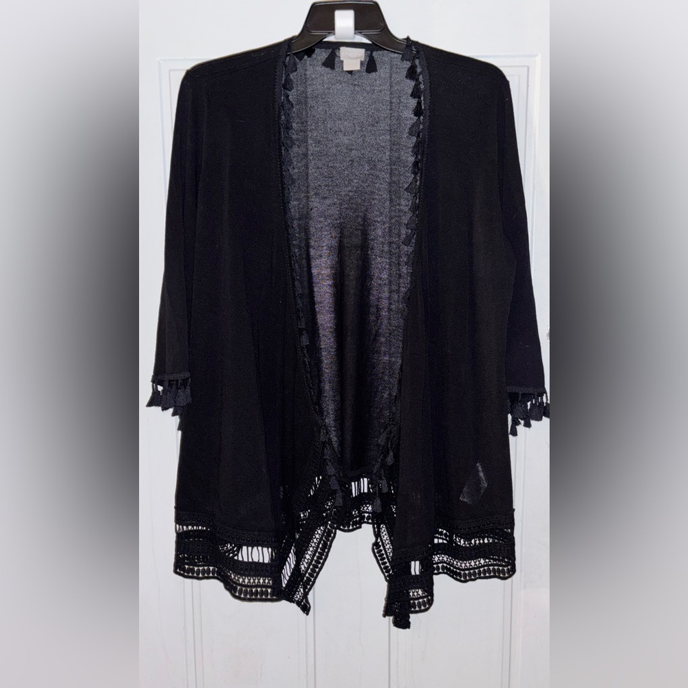 Chico's Sz.2 (large) Elegant Black Cardigan with Lace Trim & Tassels